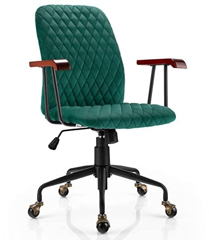 COSTWAY Velvet Office Chair, Ergonomic Swivel Computer Desk Chair with Rubber Wood Armrests, Adjustable Rolling Rocking Executive Task Chairs Tufted Leisure Seat for Home Office Bedroom (Green)