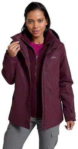 Mountain Warehouse Fell 3-in-1 Damen-Jacke - atmungsaktive, lange, wasserdichte, warm gefütterte Winterjacke für Damen mit Kapuze für Outdoor-Aktivitäten, Fleecejacke Burgund Damengröße EU 38