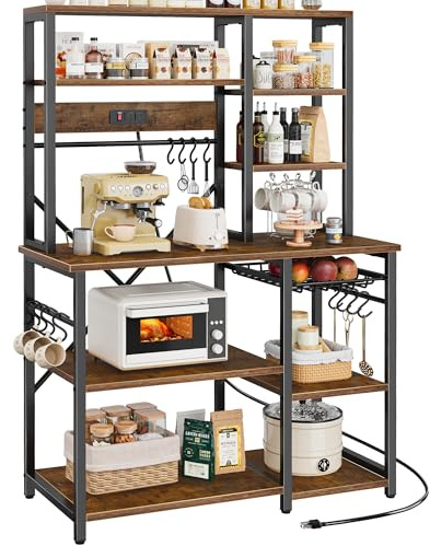 SUPERJARE Large Bakers Rack with Power Outlets, 6-Tier Microwave Stand, Coffee Bar with 12 S-Shaped Hooks, Kitchen Shelf with Wire Basket, 39.4 x 14.6 x 66.9 Inches, Rustic Brown