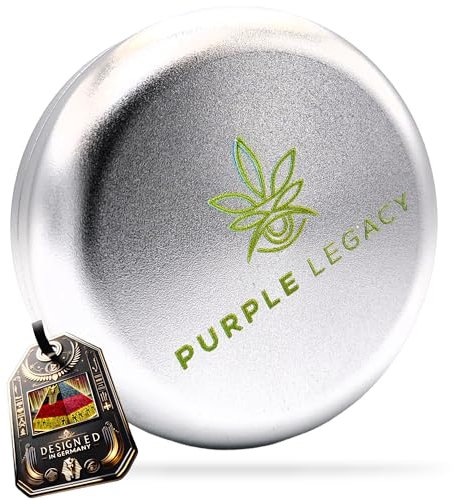 PURPLE LEGACY Ultra leichte Stash Box Aluminium Dose I Wasserdicht I Luftdicht I ø55x24mm I UV Licht geschützte Box für Pillen Kräuter Gewürze (Purple Silver)