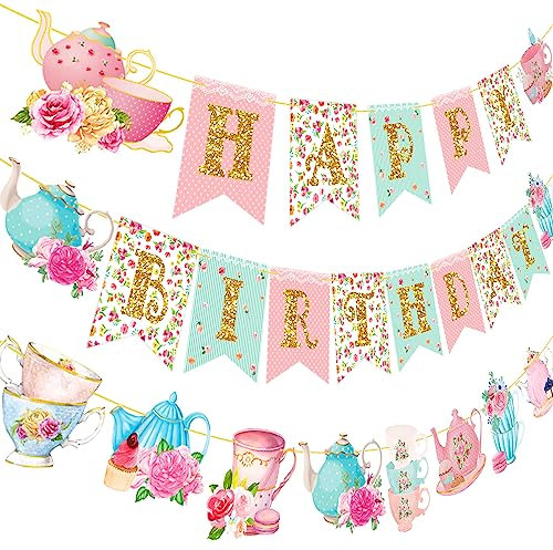 Floral Tea Happy Birthday Party Banner Tea Party Hanging Decorations 3Pcs Tea Cutout Banners Teapot Banners for Mother's Day Tea Time Baby Shower Supplies