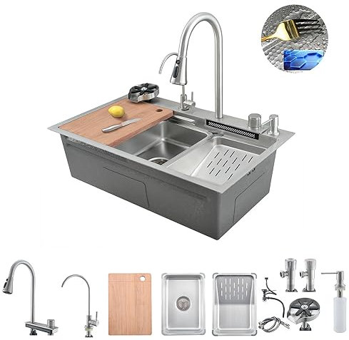 Bokaiya Évier de Cuisine, Cascade Multifonction, Evier de Cuisine à Comptoir Raindance Professionnel Lavabo Acier Inoxydable avec Lave Verre & Robinet Extractiblen Haute Pression Argent 75x45x21cm