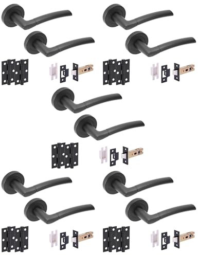HANDLEZONE® 5 Sets Neemo Internal Door Handles on Rose Lever Latch Packs with Ball Bearing Hinges - Black Matt