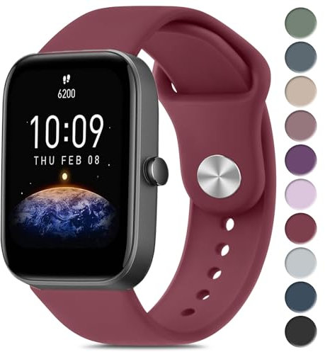 Cinturino per Amazfit Bip/Bip 3 /Bip 3 Pro Smartwatch, Largo 20 mm Cinturini in Silicone Originale Compatibile con Amazfit Bip S/Bip Lite/Bip U Pro Donna Uomo, Vino Rosso
