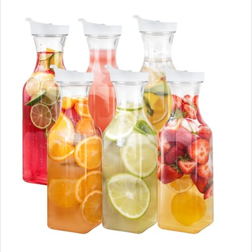 GUSTO [Lot de 6 carafes en plastique de 1400 ml avec couvercle, base carrée de grande capacité, pichet transparent avec couvercle à rabat, récipients à jus avec bec verseur facile à verser avec