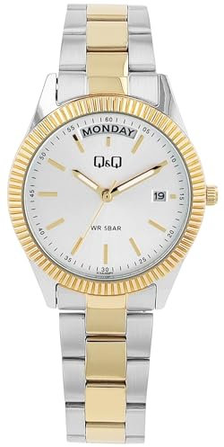 Q&Q Damen-Uhr Edelstahl Gliederarmband 5 Bar Datum Leuchtzeiger Leuchtindexe Analog Quarz (Bicolor)