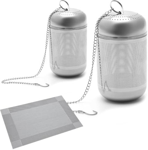 2 Größen Teeei Edelstahl mit Kette und Tee Untersetzer, Silber Teesieb Fein für Losen Tee, Teefilter Tasse für Tee, Gewürze, Kräuter