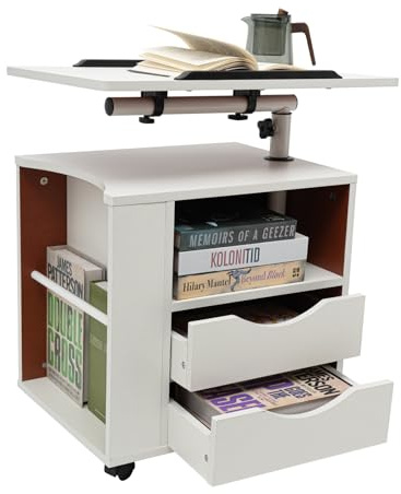wanwanper Lift-up Bedside Table, Laptop Desk, Bedside Cabinet, removable Bedside Table with Drawers, Castors and Open Shelf, Height-Adjustable Multifunctional Bedside Table, 70-90cm (White)
