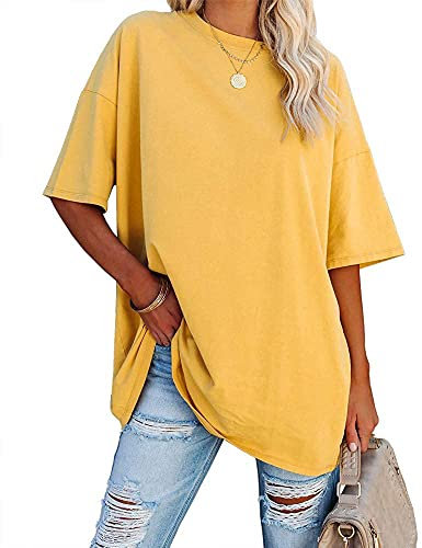 Ebifin Oversize T Shirt Damen Rundhals Kurzärmeliges Tops Casual Lockere Basic Sommer Tee Shirts Bluse.Gelb.L