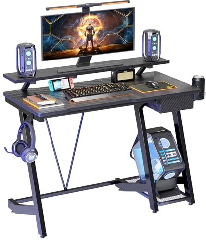 TREETALK Gaming Desk with Drawer,43.3In Computer Desk with Extra Large Monitor Stand, PC Laptop Table with CPU Stand, Gamer Workstation with Cup Holder, Headphone Hook for Home Office