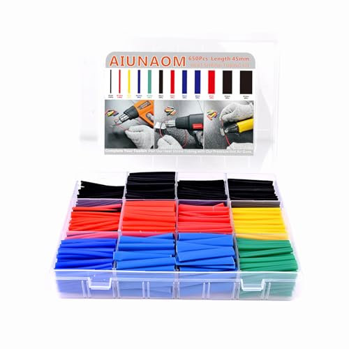 AIUNAOM Tubo Termoretractil 650 Piezas Kit de Tubos Termorretráctiles Aislantes e Impermeables 12 Tamaños 5 Colores con Caja para Conexiones de Cables, Reparación de Cables y Aislamiento Eléctrico