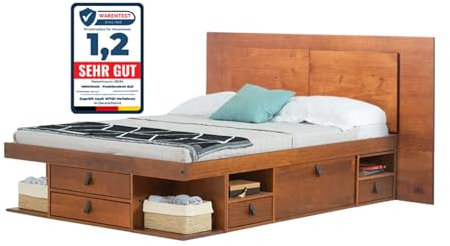 Bett mit Stauraum 180x200 + Platzsparendes Kopfteil + Lattenrost: Set Bali Karamell. Doppelbett mit Bettkasten u. Ultra dünnes Kopfteil. Möbel aus Kiefer Massivholz, optimal f. kleine Schlafzimmer