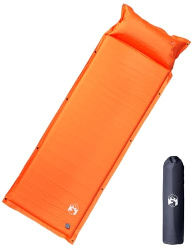 vidaXL Isomatte, Luftmatratze mit Integriertem Kissen Fußpumpe, Campingmatte Erweiterbar Selbstaufblasend, Schlafmatte, Orange 19D-Schaum