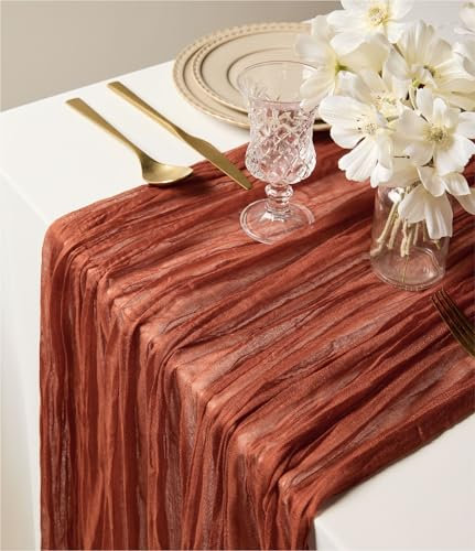 Vitalizart Camino de Mesa en Lienzo Terracota 88,9 x 305 cm Mantel Rústico en Tejido de Gasa Transparente Mantel de Boda Boho Decoración de Mesa para Festival, Fiesta, Cumpleaños y Arco