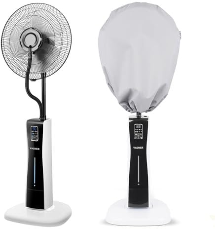 VASNER Cooly Ventilator weiß mit AirCape Schutzhülle grau – Standventilator Wasser Sprühnebel, 3-Blatt-Rotor, Standlüfter leise, Wassernebel, Oszillation, Timer, Fernbedienung & Abdeckung