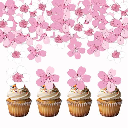 60 Stück Kirschblüten Tortendeko Essbar, Rosa Kirschblüten Deko Torte Cupcake Toppers Essbare Kirschblüten Kuchen-Deckel Essbare Kirschblüten für Geburtstag Party Hochzeit