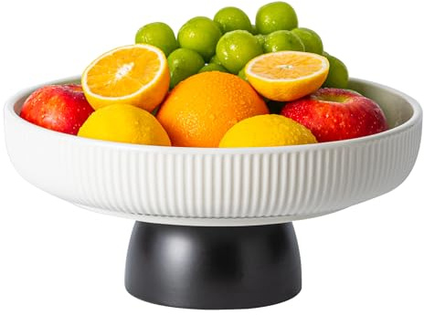 CCATSIX Ceramic Fruit Bowl,11-Inch Large Decorative Bowls,White Tray and Black Pedestal, Kitchen Counter Elegant and Practical Bread and Fruit Trays,Salad or Dessert Display Trays for P