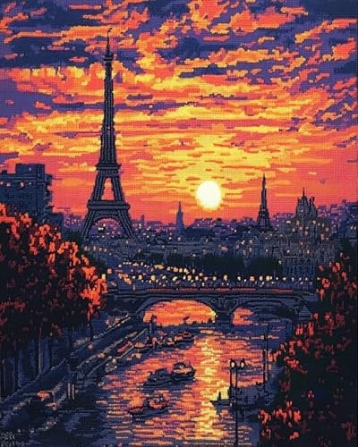Malen-nach-Zahlen-Set für Erwachsene und Anfänger,Paris,Frankreich bei Sonnenuntergang,einfaches Malen nach Zahlen zum Selbermachen,Acrylbild,Malen nach Zahlen,Kunst und Handwerk,40x50 cm,ohne Rahmen