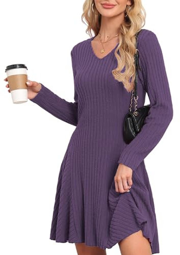 SENBATU Abito a Maglia Donna Autunno Elegante Pullover Abito Manica Lunga V-Collo Abiti Invernali Viola Large