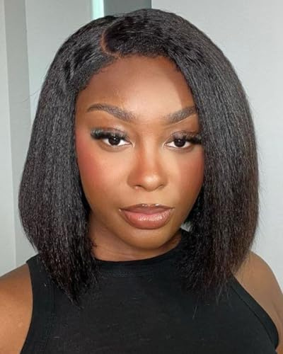 Style Icon Echthaar Perücke Short Kinky Straight Bob Human Hair Wig with 4C Kinky Curly Edges Hairline Wear and Go Glueless Bob Wig for Women 12 Inch Pre Plucked Pre Cut Bob Wig (14 inch)