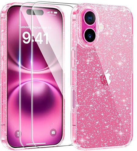 AROYI Coque 3 en 1 Compatible avec iPhone 16 6,1, étui à Paillettes Silicone Souple TPU Protection Case avec 2 Films de Protection en Verre trempé, Transparent pailleté Protecteur Coque, Rose Vif