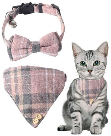 UYRVAPE 2pcs Katzenhalsbänder mit Glocken Abnehmbare Fliege Bandana, Kätzchen Halsband Katze Bandana Hundefliege, Katzenhalsband mit Glöckchen und Fliege, Rosa Kariertes Katzen halsbänder mit Schleife