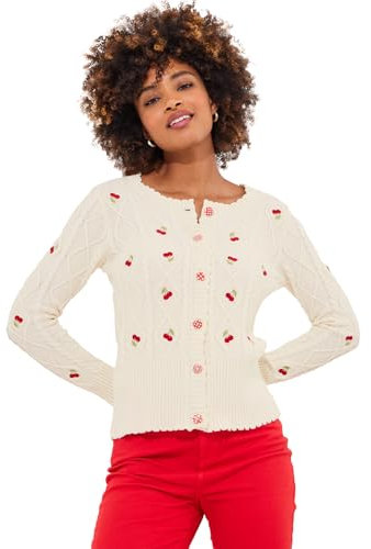 Joe Browns Women's Cherry Embroidered Cable Knit Cardigan Sweater, Cream, 14