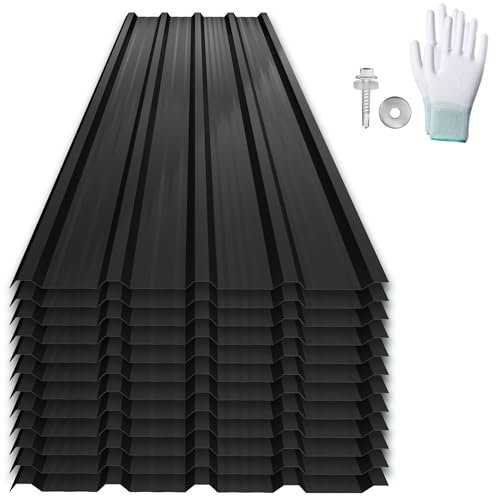 SUBTLETY 12er Wellplatten Verzinkter Stahl Trapezblech Dachblech Set mit inkl. Schrauben und Handschuhe Wetterfest Formblech Profilblech Dachplatten Blechdach für Garagen, Lagerhäuser (Schwarz, Typ A)