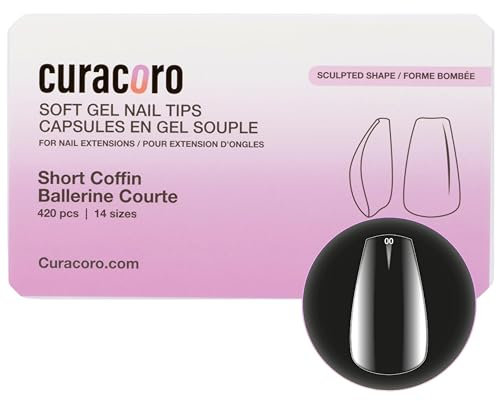 Curacoro Sculpted Nail Soft Gel Tips - 420Pcs Soft Gel Nail Extension Tips, 14 Sizes Clear Full Cover Fake Nails for Extension, Long-Lasting Salon Quality, Natural Look (Coffin, Short)