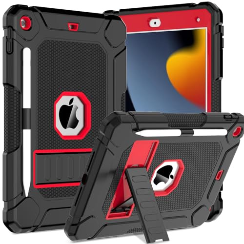 TOPWANT Case for iPad 9th 8th 7th Gen 2021/2020/2019 10.2“, Black+Red | Heavy Duty Shockproof iPad Case Cover, with Sturdy Kickstand, Rugged Protective Case, Pencil Holder