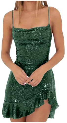 Paillettenkleid Glitzerndes Spaghettiträgerkleid für Damen Glänzende Pailletten Figurbetontes Minikleid Rückenfrei A-Linie Partykleid Cocktailkleid Ärmelloses Rückenfreies Rüschen Wickelkleid
