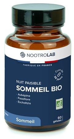 Nootrolab Sommeil Bio, Complément Alimentaire Naturel avec Aubépine, Passiflore et Escholtzia, 60 Gélules, Fabriqué en France