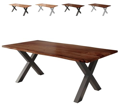 Loreno Esstisch 200×100×77cm Vento Akazie Nussbaum – X-Gestell Schwarz | Massiver Akazienholztisch nussbaumfarben mit 26mm starker Tischplatte – Perfekt für Esszimmer und Küche