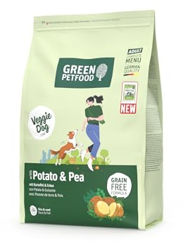 Green Petfood VeggieDog Kartoffel & Erbse | 5X 900g | Hundefutter trocken | Adult | Premium Trockenfutter für ausgewachsene sensible Hunde | vegetarisch & weizenfrei | mit leckerer Süßkartoffel