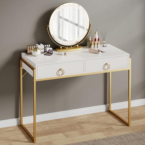 Skokliz 106cm Dressing Table for Bedroom, Computer Desk with Drawer, Small Home Office Desk, Modern Vanity Table with Storage, White