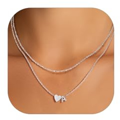 Bestyle Kette Damen mit Buchstaben Silber Herz 316L Edelstahl Doppelschichtige Halskette Kleine Perlen 35cm+Verstellbare 40+5cm
