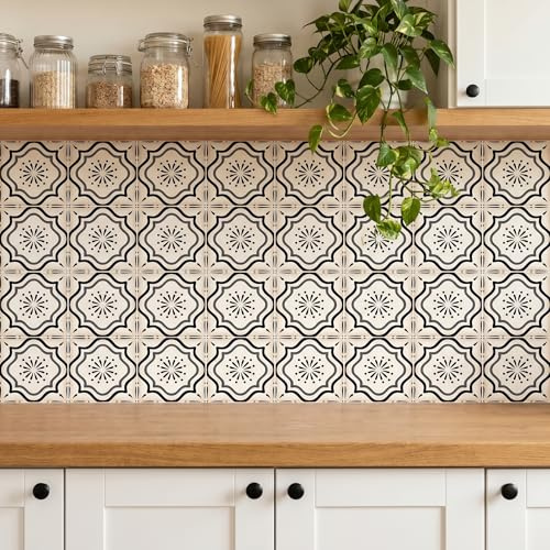 MEIHEA 16 Count Moroccan Tile Decals 5.9 inch – Self Adhesive Vinyl Wall Stickers, Waterproof Peel & Stick for Kitchen Backsplash, Bathroom, Stair Tread Accent (Black)