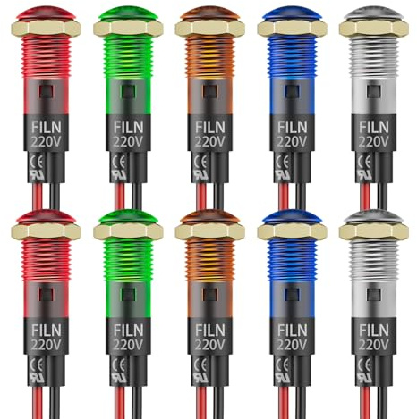 FILN 10Pcs 8mm Signallampe Kontrollleuchte led 220v DC Kunststoff | Warnlicht Mit Draht direktanschluss Für Tachometer Drehzahlmesser Fernlichtanzeige rot grün amber blau weiß