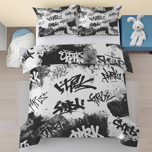 Graffiti Bettwäsche, Schwarz Weiß Doodle Druck Bettwäsche-Sets 2 Teilige, Hip Hop Abstrakt Modern Jungen Kinder Weiche Mikrofaser Bettbezug 135x200 mit Reißverschluss & 1 Kissenbezug 80 x 80