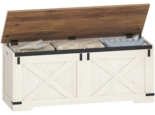 Hzuaneri Schuhbank 120cm, Sitzbank mit Stauraum, Sitztruhe mit 2 Stabilen Scharnieren, Aufbewahrungsschrank, Scheunenstil, 40 x 120 x 48,5 cm, für Eingangsbereich, Schlafzimmer, Weiß Braun SB12114X