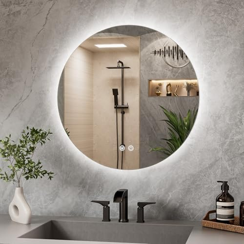 TETOTE 60cm Round Bathroom Mirror with LED Light, Illuminated Vanity Mirror with Backlit Light, Multifunction Smart Bathroom Mirror, Anti-Fog Wall Mounted Mirror, 3 Colors Dimmable, Memory Function