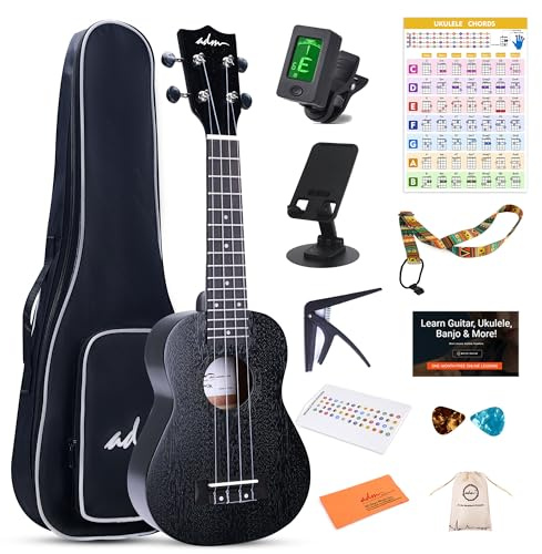 ADM Sopran-Ukulele-Anfänger-Set, Mahagoni, Hawaii-Holz, Ukulelee-Set mit Ukulele, Anfänger, Studenten und Erwachsene, Gelbbraun (Schwarz, 53,3 cm)
