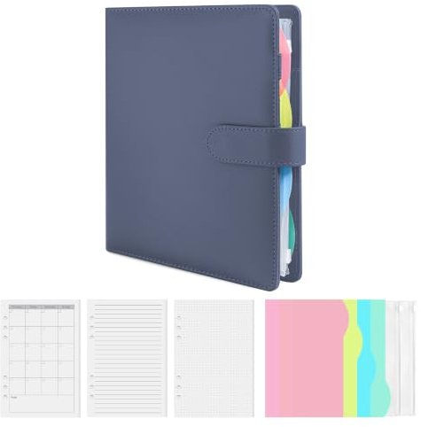 Xnegau Ringbuch A5 Nachfüllbar mit 165 Blatt, 6-Ring Notizbuch aus PU-Leder | Mit 4 Trennblättern, 2 Reißverschlusstaschen und Kartenfächern – A5 Binder für Schule, Büro, Budgetplanung & Reise