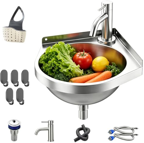 Stainless Steel Corner Sink,Wall Mount Bathroom Sink with Cold/Hot Faucet | Wall Mounted WashBasin Sink,Compact Hand Wash Sink Triangular Basin for Kitchen Home Entryway Laundry Garden Patio Mudroom