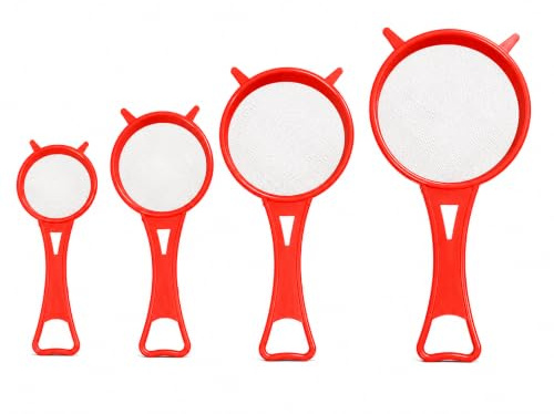 Plastic Sieves Multipurpose Strainer Tea Strainers Set Kitchen Fine Mesh Red Strainer Long Handle Colander Filter for Cooking Food Dishwasher Safe Assorted Sizes Sieve Sifter for Flour Rice (4 Pcs)
