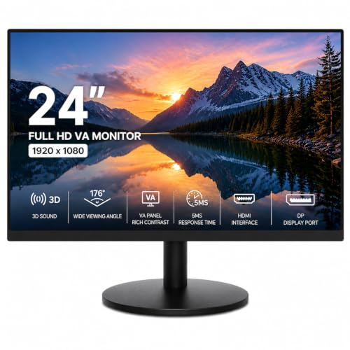 Greenfields Full HD Monitor 1920x1080 VA Panel, Slim LED Computer Screen with HDMI & DisplayPort, 5ms Response, 176° Viewing Angle for Home & Office (24)