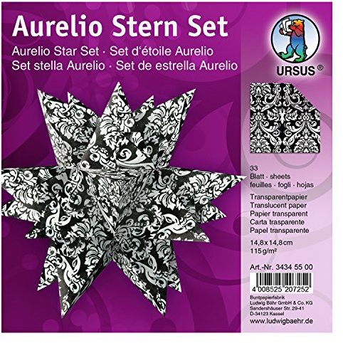 Ursus 34345500 - Faltblätter Aurelio Stern Black & White, Wappen, 33 Blatt, aus Transparentpapier 115 g/qm, ca. 14,8 x 14,8 cm, einseitig bedruckt, ideal als Weihnachtsdeko