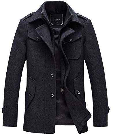 YOUTHUP Mens Wool Coats Casual Thick Short Winter Trench Coat Regular Fit Peacoat with Detachable Inner Collar, Grey-thin, XXL