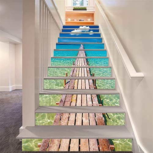 FLFK 3D Blauer Ozean hölzerner Brücken Pier Selbstklebend treppen Aufkleber Vinyl Treppe Steigleitung Abziehbild treppenaufkleber 39.3Zoll x7.08Zoll x 13stücke