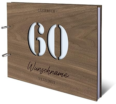 Individuelles Gästebuch zum 60. Geburtstag – Echtes Holz mit Persönlicher Gravur, Zahl ausgestanzt – hochwertige 72 Blatt / 144 Naturpapier Seiten, DIN A4 Quer – Ideal für bleibende Erinnerungen